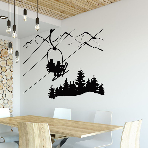 Skiing Wall Decal Living Room Skier Ski Lift Chair Mountain Pine Tree  Sticker Winter Sports Vinyl Wall Stickers Home Decor