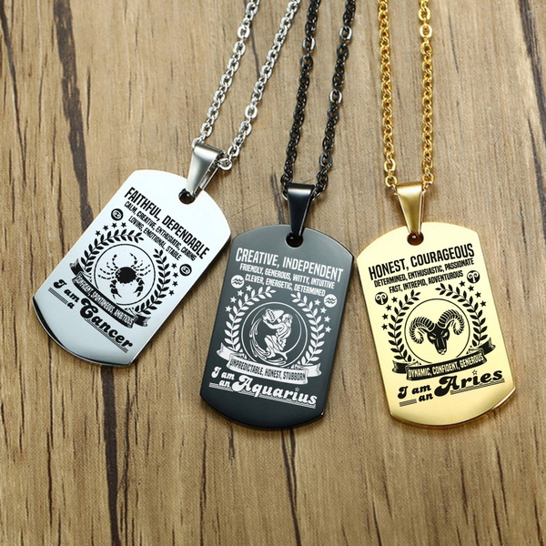 12 Constellations Dog Tag Pendant Necklace for Men Women 22/'/' Chain Stainless Steel Astrology Zodiac Signs Jewelry