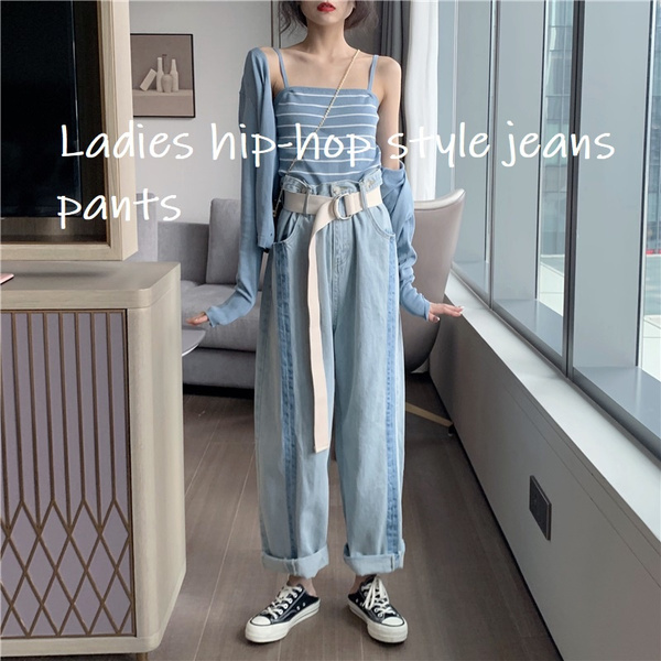 Ladies hip-hop style jeans pants, Woman's heavy wash high waist slim wide  leg and body shaped design soft handfeel denim fabric trousers,