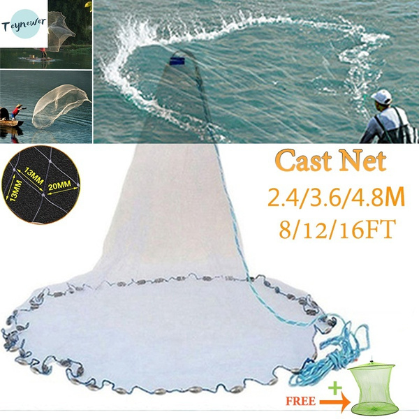 TEYNEWER 8FT 12FT 16FT Durable Nylon Monofilament Cast Net Fishing Net Mesh  Wire Zinc Chain Bottom Sinker With Shrimp Pot (Diameter 2.4/3.6/4.8m)