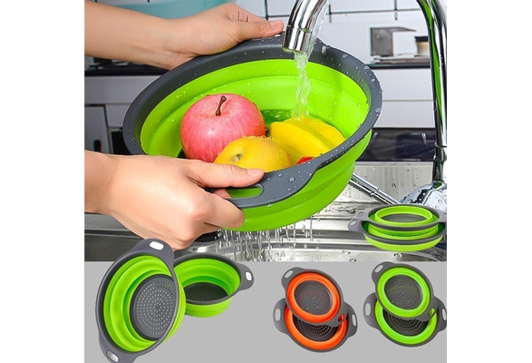 7195 SILICONE COLLAPSIBLE COLANDER VEGETABLE FRUIT WASHING DRAIN STRAINER  BASKET STRAINER FOLDABLE COLANDER WITH HANDLE, SILICONE COLLAPSIBLE  COLANDER, FRUIT BASKET FILTER DRAINER