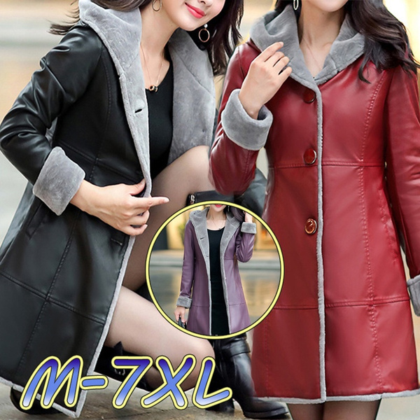 Women Winter Leather Jacket Fur Together Coats Medium Length Hooded Trench Plus Size Thicker