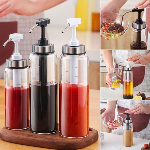 Fuyamp zhongxiing Sauce and Syrup Glass Bottle Sauce Dispenser with Wide Neck Press Pump Head for Homemade Hot Sauce Ketchup Salad Dressing Barbeque Sauce 