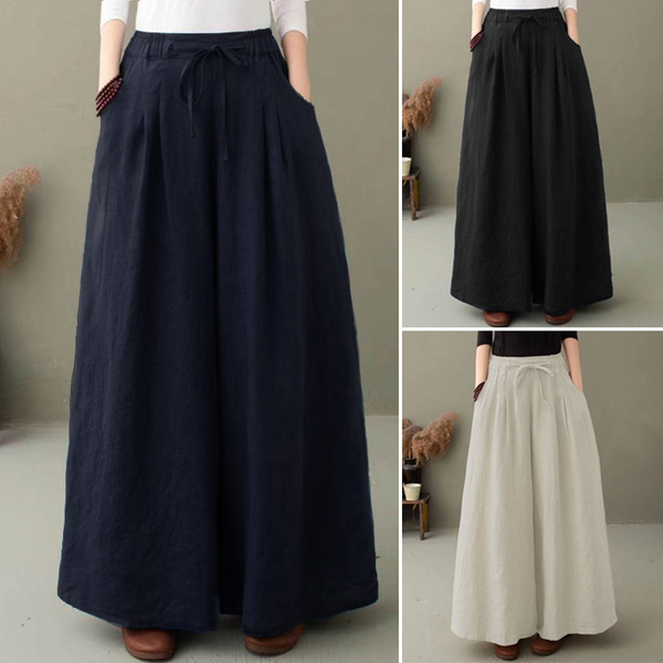 ZANZEA Women Elastic Waist Solid Color Culottes Straight Trousers Wide ...