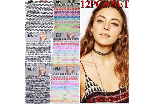 12PCS/SET Girl's Chic Choker Necklace Set Black and Rainbow Fishing Line  Necklaces Stretch Classic Gothic Tattoo Lace Flowers Choker Punk Elastic  Necklace Women's Jewelry
