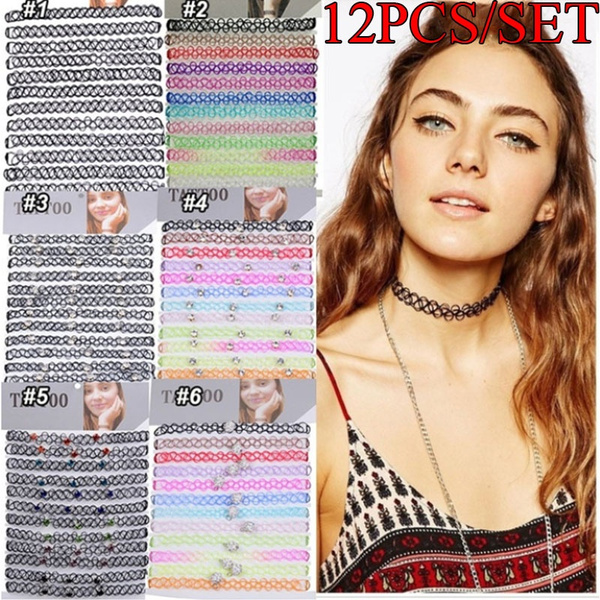 12PCS/SET Girl's Chic Choker Necklace Set Black and Rainbow