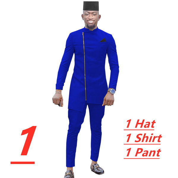 African Clothing Men Brocade 3Pcs Pant Suit Dashiki boho White Gold Free Size 