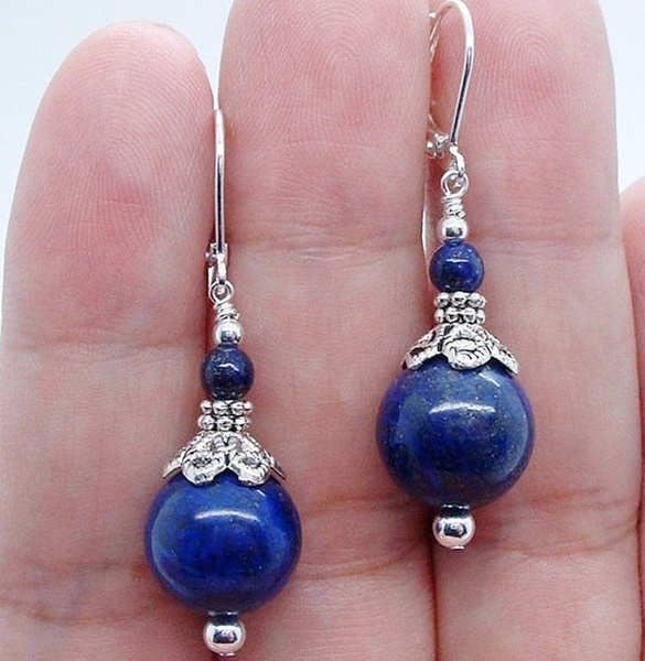 handmade silver dangle earrings with Lapis lazuli bead