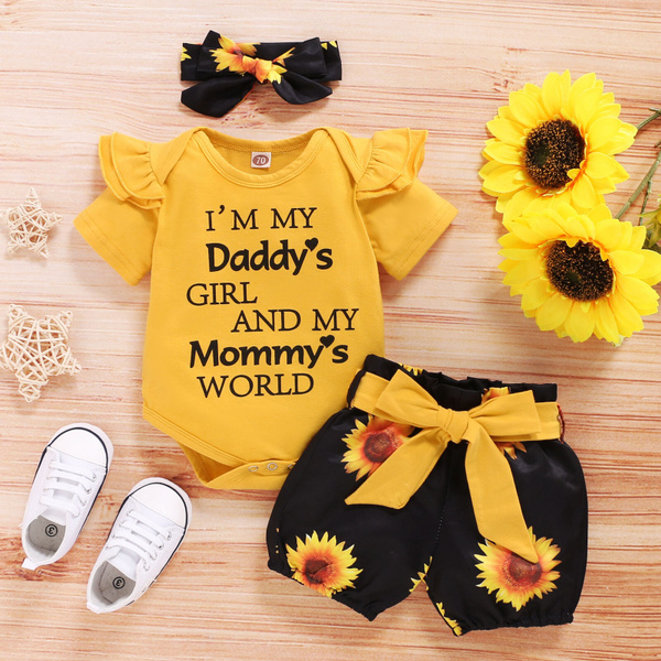 Newborn Infant Baby Girls Tops+Floral Sunflower Shorts+Headbands Outfits