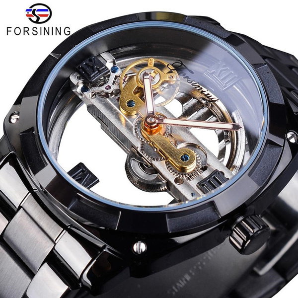 Forsining Steampunk Black Mechanical Hollow Stainless Steel Men's ...