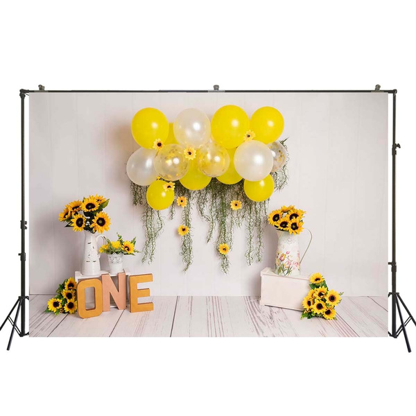 Photography Backdrop Girl 1st Birthday Background white yellow Balloons  Sunflowers decorations First Birthday Cake Smash back drops Banner Kids  Portrait Wallpapers studio booth taking pictures W-4175 | Wish
