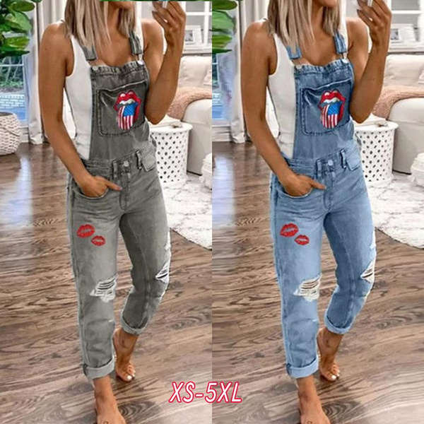 Red Lip Printed Ripped Jeans Plus Size 