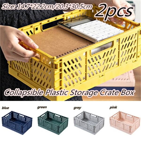 2pcs Set Plastic Folding Collapsible Storage Crates Boxes Stackable Basket Wish 2pcs Set Plastic Folding Collapsible, Stackable Storage Crates Plastic