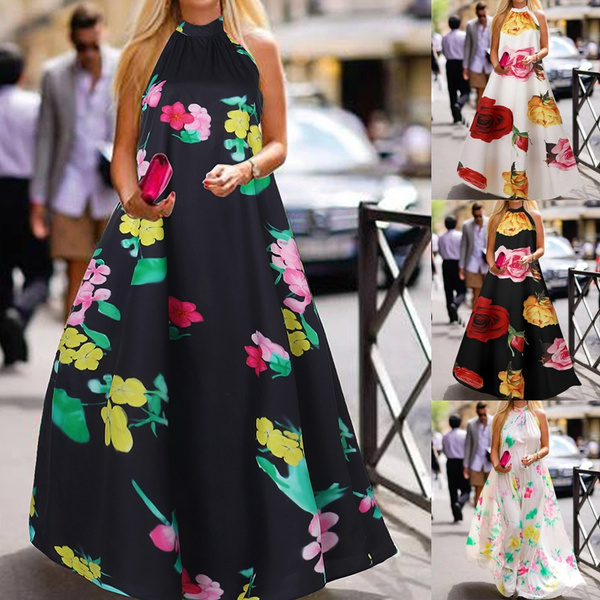 Women Floral Print Long Dress Bohemian Sleeveless Halter Neck Party ...