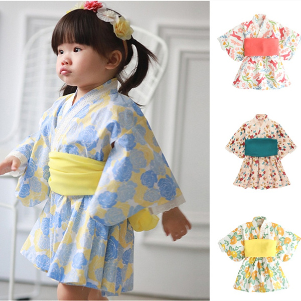 Gril's Vintage traditional Japanese Kimono Yukata Haori Kids' Yukata obi Dress 