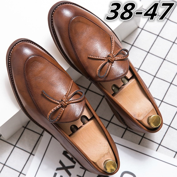 Men's Leather Round Moc Toe Bowtie Loafers Mens Smooth Leather Slipons