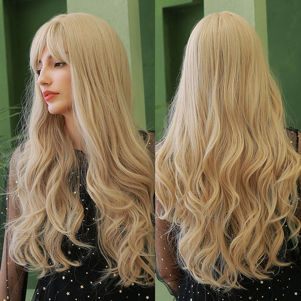 28 Inch Blonde Curly Wig with Bangs Synthetic Wigs