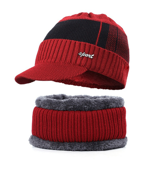 Kddylitq Thin Beanie Hat Mens Hats for Men Fleece Lined Knitted with Scarf Chunky Beanie Cap 2 Pcs Set Red Free size, Men's