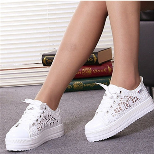 Women's Platform Round Toe Sneakers White Shoes Flat Canvas Lm14 