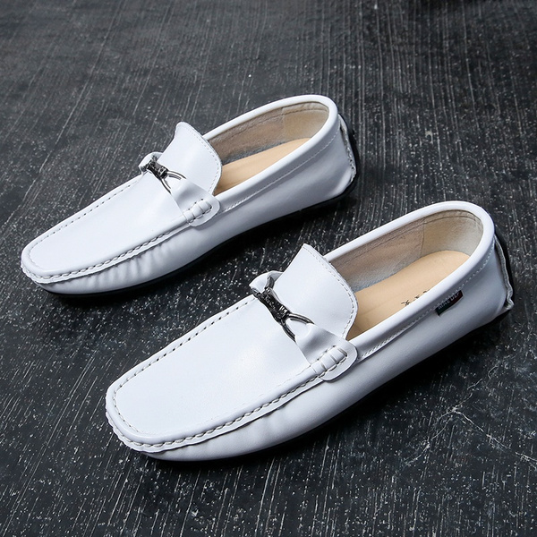 Genuine Leather Mens Shoes Casual Men Loafers Hollow Out Breathable Driving Shoes Slip On Moccasins,White,7 