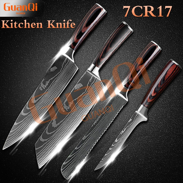 7cr17 Stainless Steel Kitchen Knives Set Laser Damascus Pattern Boning