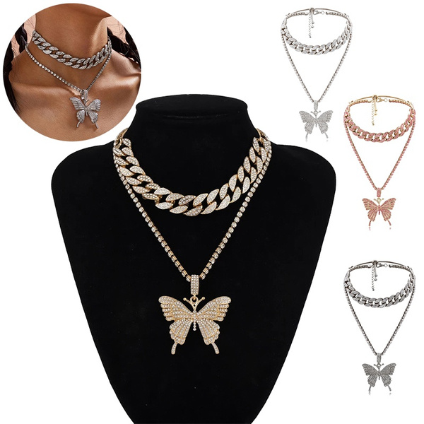 2022 Trendy cute Iced Out Butterfly Choker Necklaces For Women