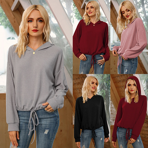 Women Long-sleeved Sweater Lace-up Hooded Fashion Sweater | Wish