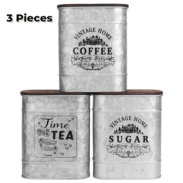 Vintage Kitchen Tea Coffee Sugar Jars Metal Storage Canisters Wood Lid Container Wish Vintage Kitchen Tea Coffee Sugar Jars, Metal Storage Canisters