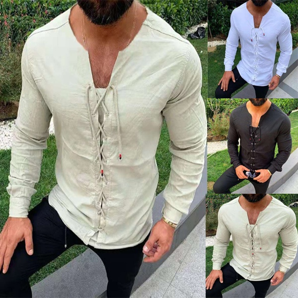 Medieval Shirt Lace-up Men Cotton Shirts Pirate Landlord Knight Tunic Solid  Color Casual Shirt
