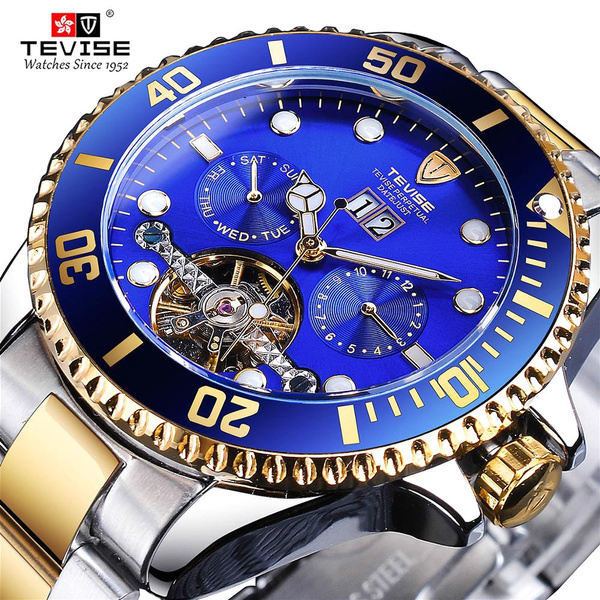 TEVISE Tourbillion Calendar Design Blue Golden Royal Navy Mens Automatic Brand Watch Montre Top Luxury Mechanical Hour Male Waterproof Clock Herrenuhr