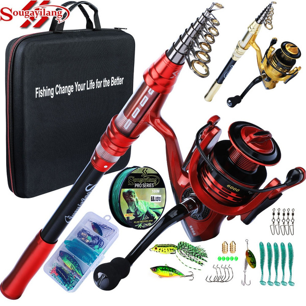 Sougayilang Fishing Full Kit with Portable Telescopic Carbon Fishing Pole  14BB Spinning Reels Fishing Carrier Bag Lure Line Sets for Travel Fishing