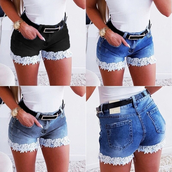 Pantalones cortos de mezclilla ajustados para mujer Pantalones cortos de  mezclilla con costura de encaje elástico Pantalones cortos casuales para  mujer | Wish