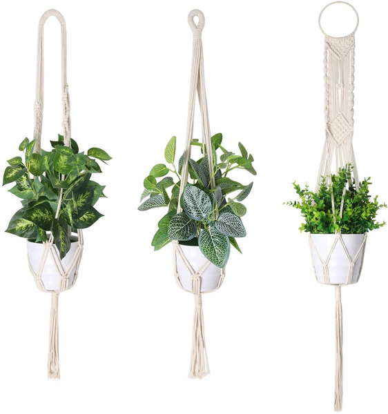 Macrame Plant Hangers 3 Pack White Wall, Ceiling Plant Pot Holders