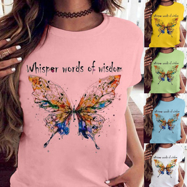 Franterd Butterfly Shirts for Women Funny Graphic Tees T Shirts with Sayings Comfortable Round Neck Summer Tops Blouses 