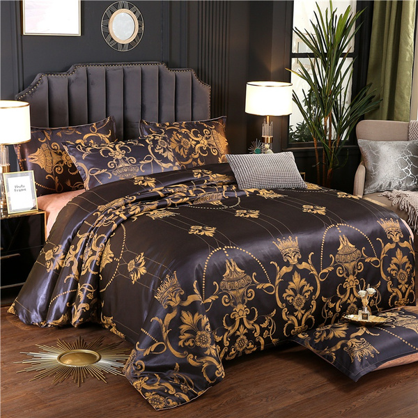 4pcs Bed Linens Luxurious Bedclothes, Blue And Gold King Size Duvet Cover Set