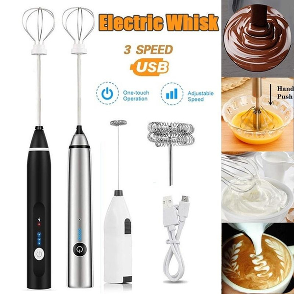 Rechargeable Milk Frother Handheld Electric Foam Maker with Stainless Whisk 3 Speed for Bulletproof Coffee Latte Cappuccino Hot Chocolate Black