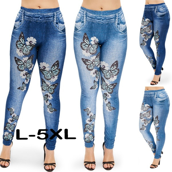 European and American women fashion sexy jeans butterfly print denim high  waist leggings women yoga pants L-5XL