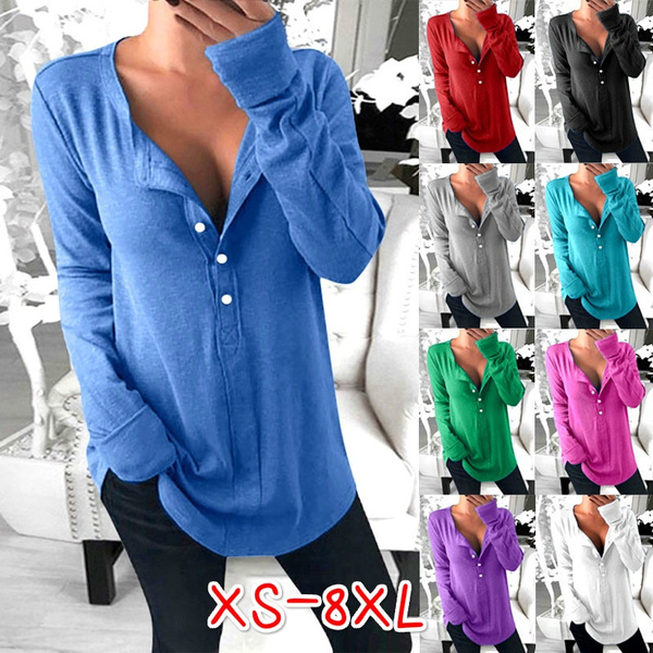 Fashion Tops for Women Loose Plus Size Solid Long Sleeve V-Neck Shirts Casual Blouses T-Shirts Pullover 