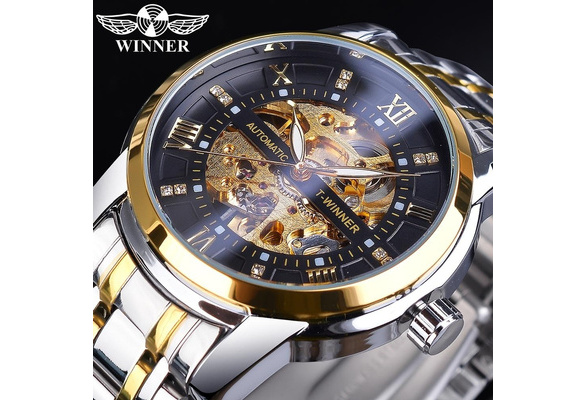 Winner Golden Black Diamond Dial Skeleton Stainless Steel