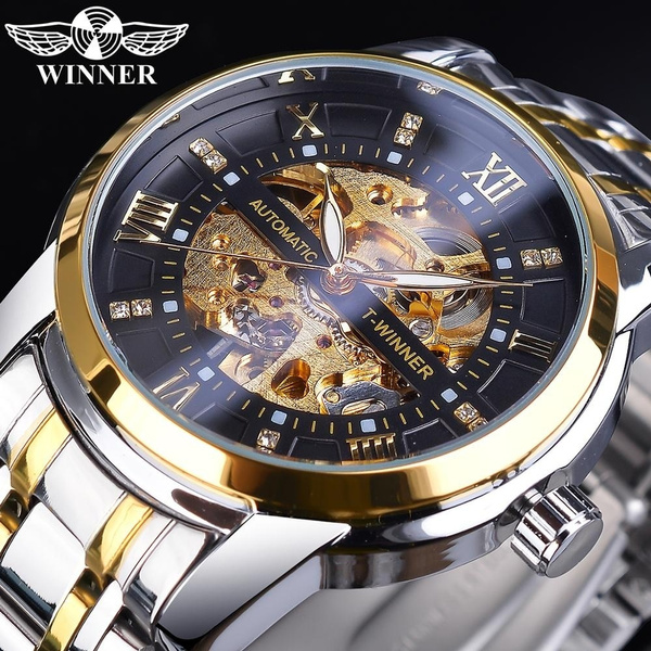 Winner Golden Black Diamond Dial Skeleton Stainless Steel