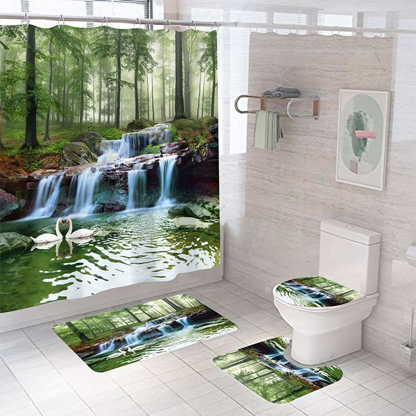 1/3/4PCS Bathroom Set Swans Waterfall Scenery Waterproof Shower