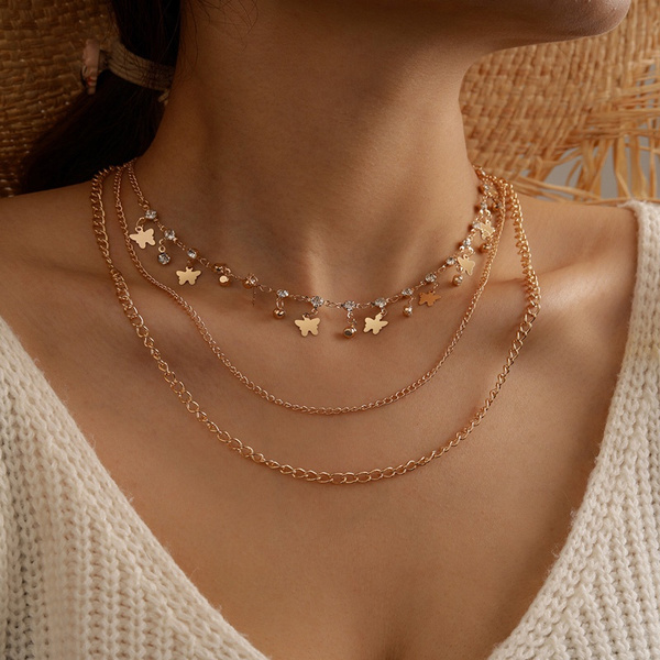 Download Fashion Women Butterfly Pendant Tassels Multi Layer Choker Necklace Jewelry Gift Wish
