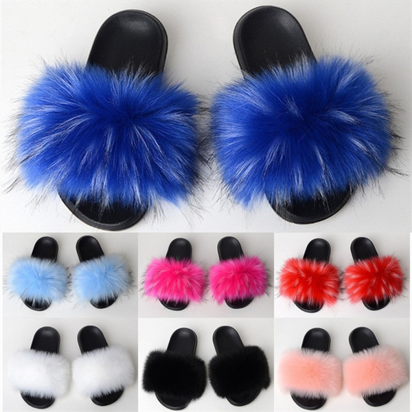 New Faux Fox Fur Slippers Women Fur Slides Fluffy Faux Raccoon Fur Sandals Flat Home Furry Flip 2117