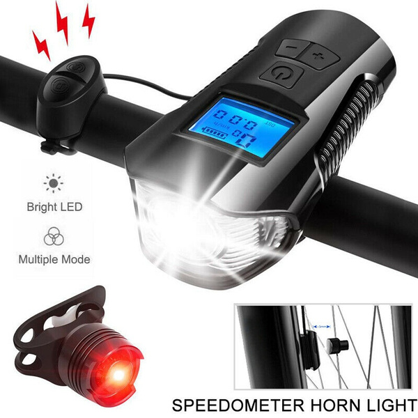 Bicycle Bike Head Front Rear Light Lamp Horn Speedometer Set USB Rechargeable 