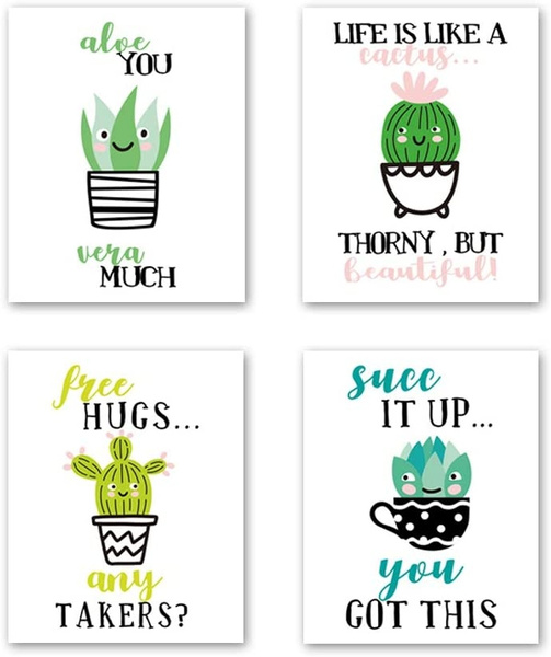 Unframed Adorable Botanical Cactus Succulents Art Print Funny Inspirational  Quotes Painting, Set of 4（8 x10 ） Green Plants Wall Art Poster for Kids  Room Nursery Decor