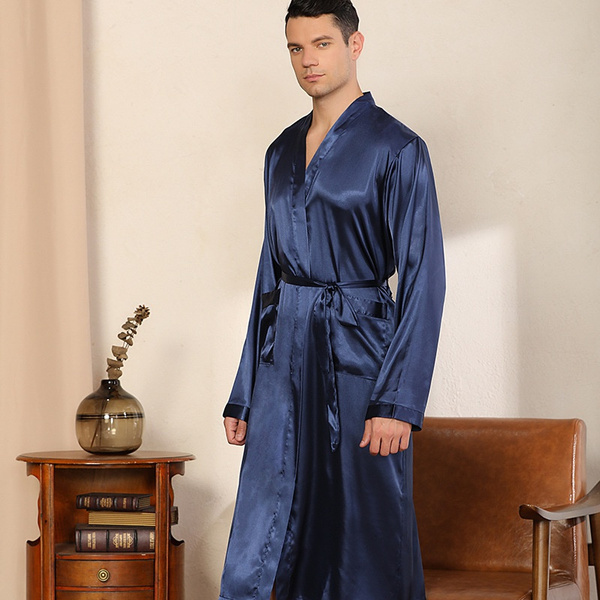 Men Fashion Silk Frenulum Pajamas Silk Kimono Sleepwear Long Bathrobe with Belt(Size XS5XL) Wish
