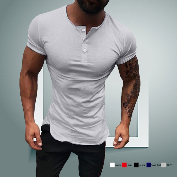 Men Summer New Half-open Collar Short Sleeve T Shirt Fashion Simple Slim  Sport Breathable and Thin T Shirt