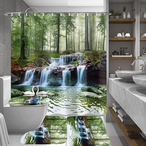 1 3 4pcs Bathroom Decor Swans Flowers, Cascade Shower Curtain Set