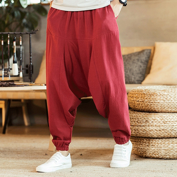 Mens Linen Drop Low Crotch Pants Tapered Loose Baggy Trousers Joggers  Casual Punk Hippie