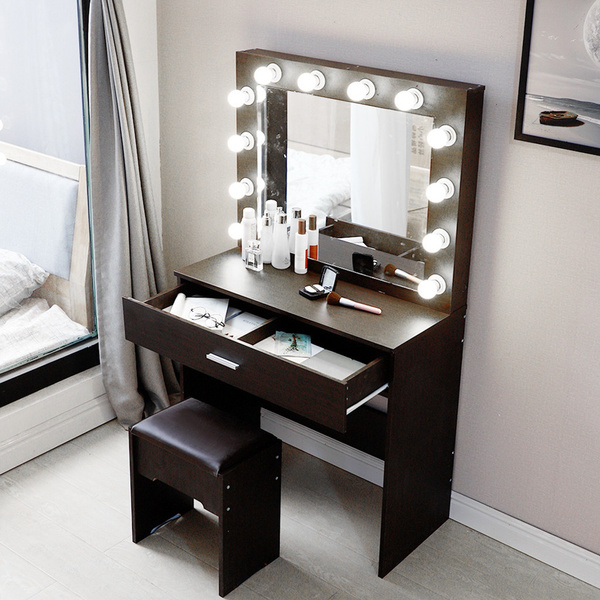 Makeup Vanity Set With Lighted Mirror, Vanity Set With Lighted Mirror Cushioned Stool Dressing Table Makeup